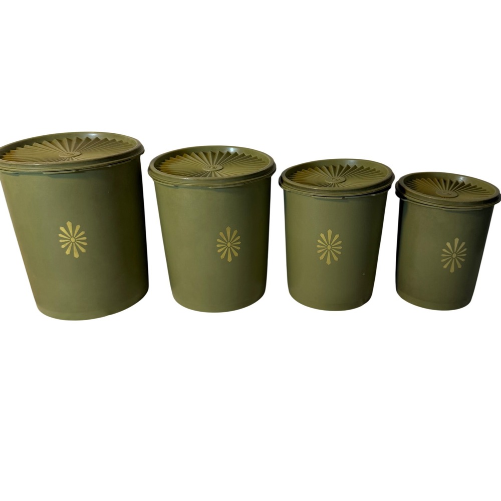 Vintage Tupperware Servalier Nesting Canister Set 4 Avocado Green Sunburst Lids